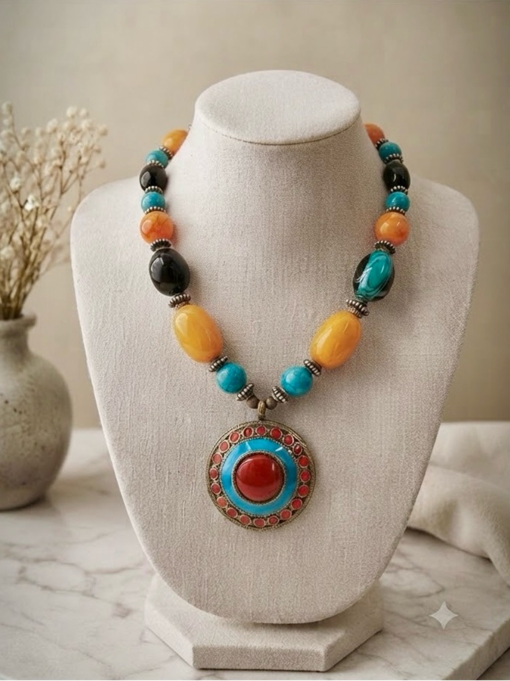 Tibetan Style Chunky Beaded Medallion  Tribal  Necklace